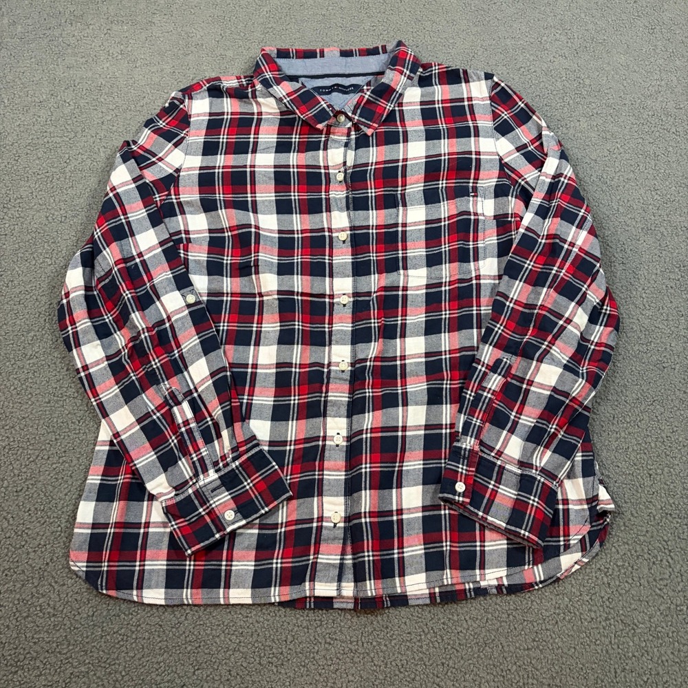 Tommy Hilfiger Button Down Shirt Womens XL Red White Blue Plaid TJ PUSW397